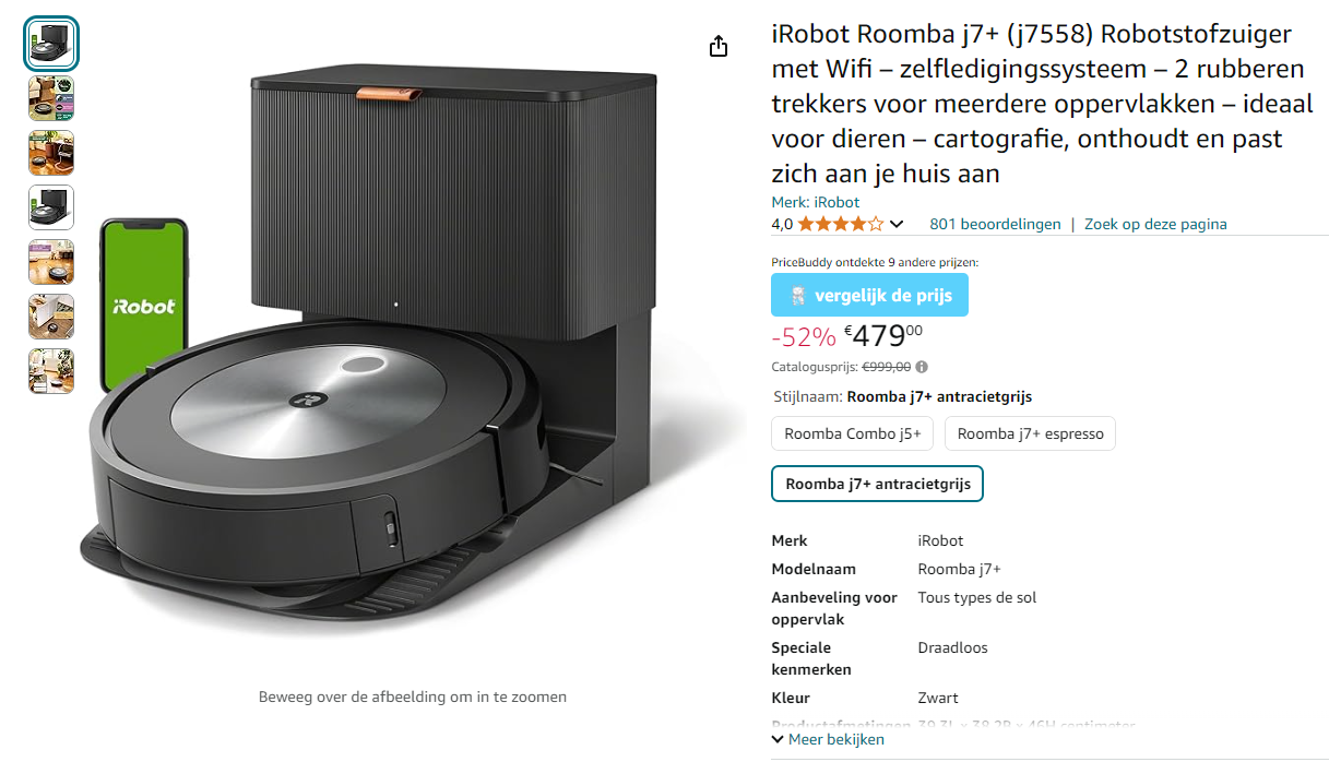 iRobot Roomba j7+ (j7558) Robotstofzuiger met 52% korting bij Amazon BE (+ nog €10 korting)