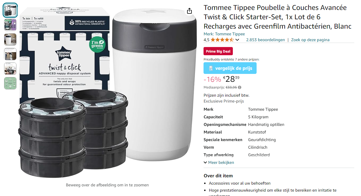 Luieremmer Tommee Tippee Twist & Click + 6 navulverpakking met voor slechts €28,39
