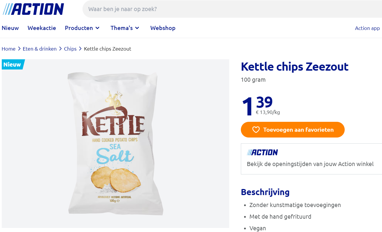 Kettle chips, zeezout €1,39 bij Action