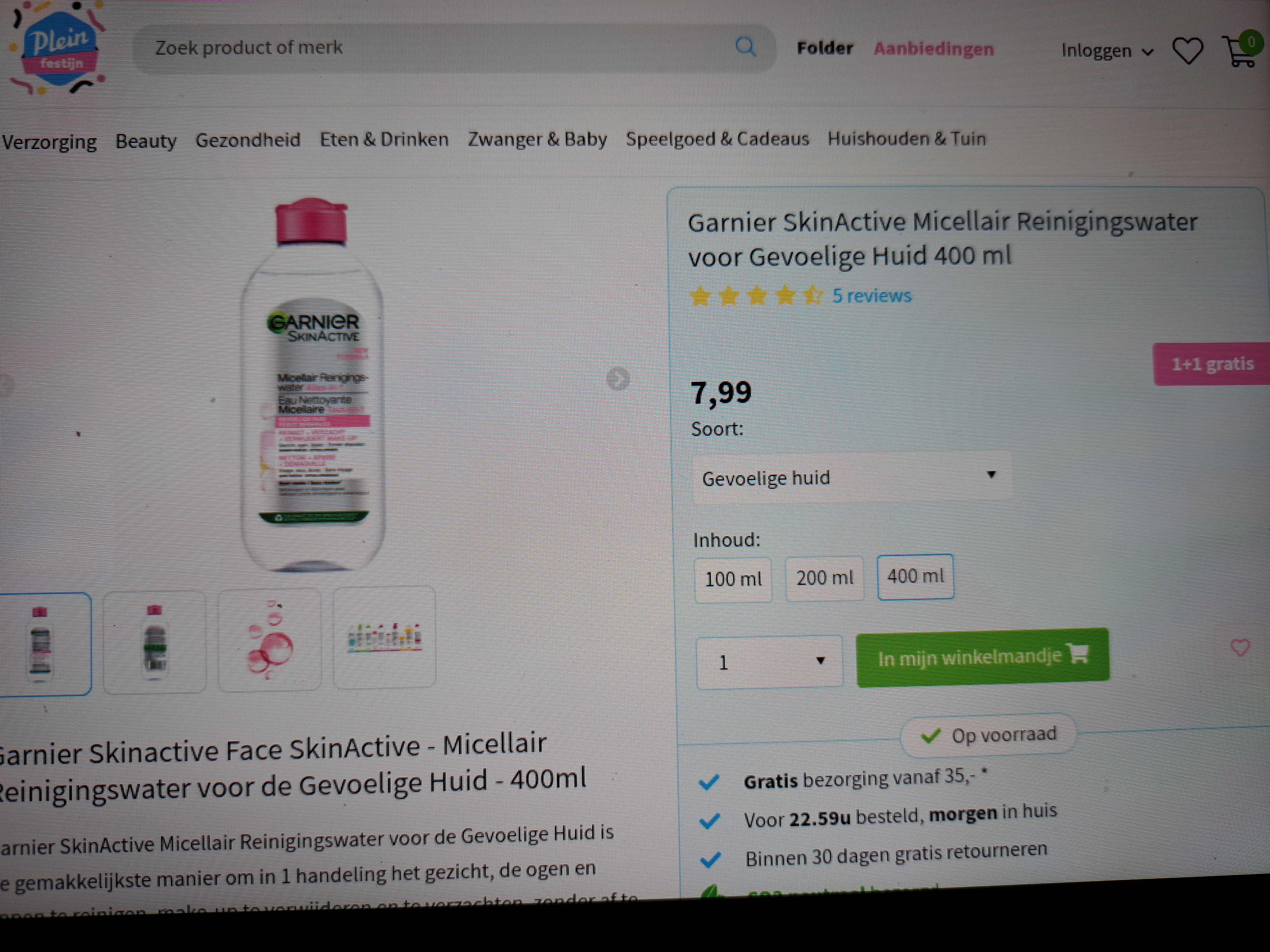 Garnier SkinActive Micellair Reinigingswater voor Gevoelige Huid 400 ml 1+1