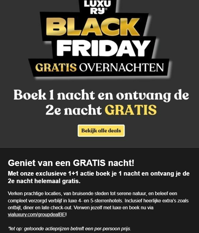 Boek 1 nacht en krijg een 2e gratis 🤩 Black Friday deal ViaLuxury