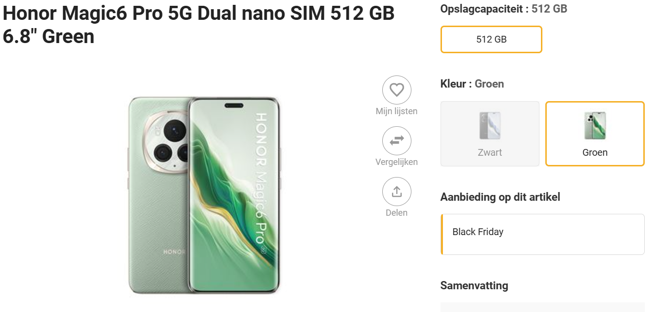 38% korting op de smartphone Honor Magic6 Pro 5G Dual nano SIM 512 GB 6.8" Green