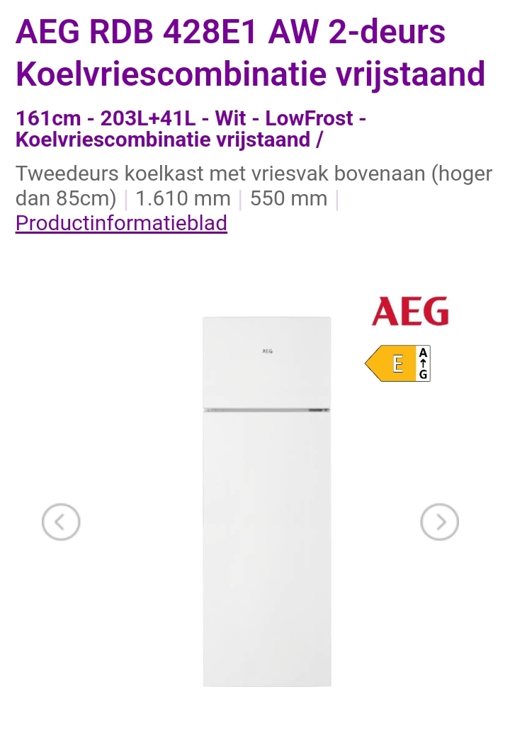 AEG RDB 428E1 AW 2-deurs Koelvriescombinatie vrijstaand