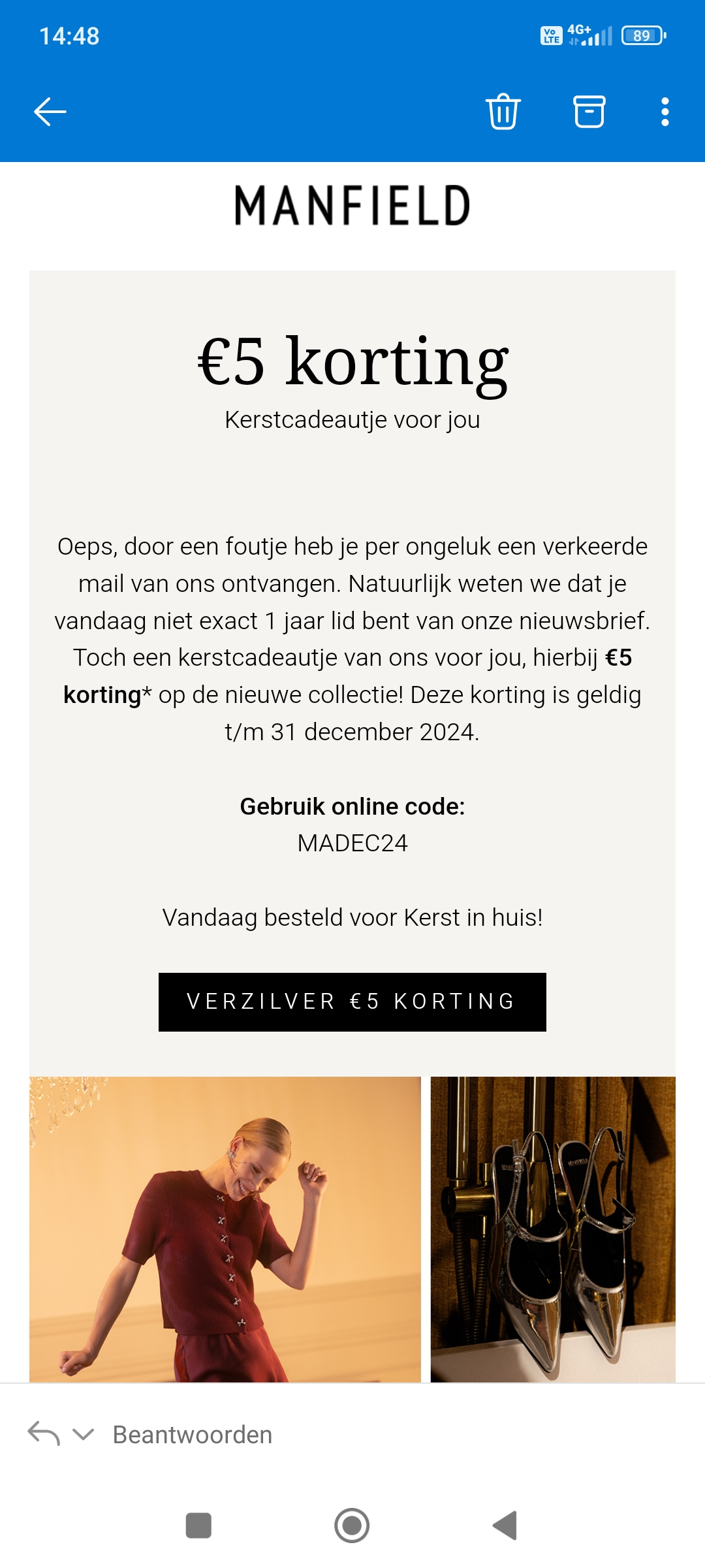 €5 korting bij aankoop vanaf €39,95 bij Manfield