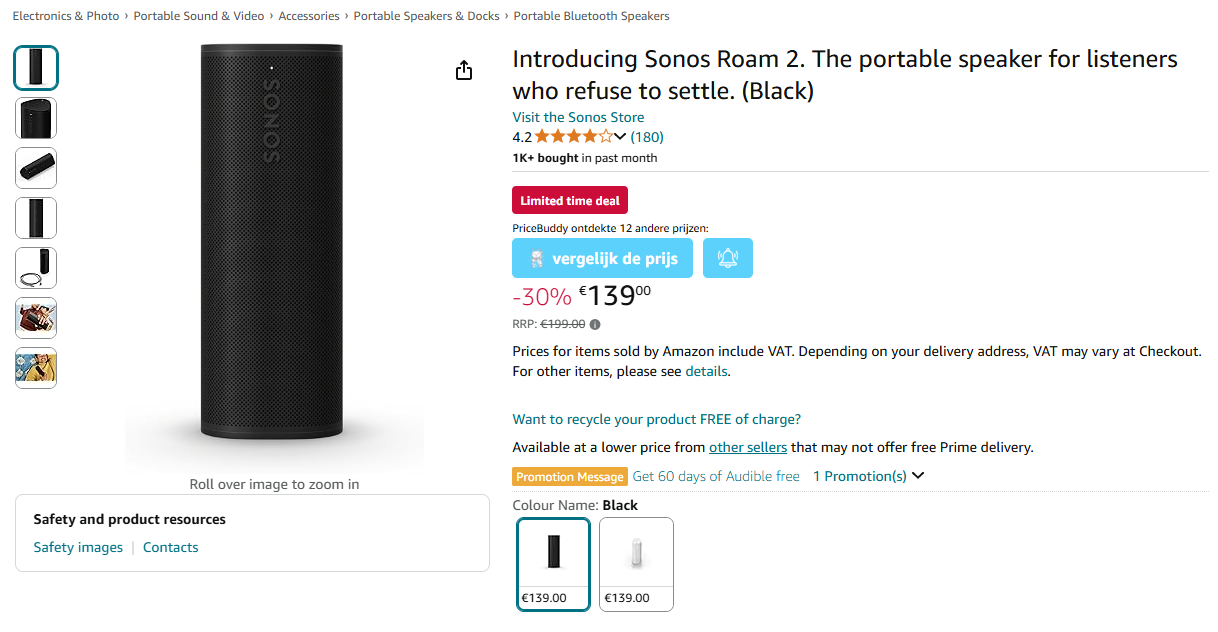 Sonos Roam 2 aan de laagste prijs: €139 bij Amazon DE