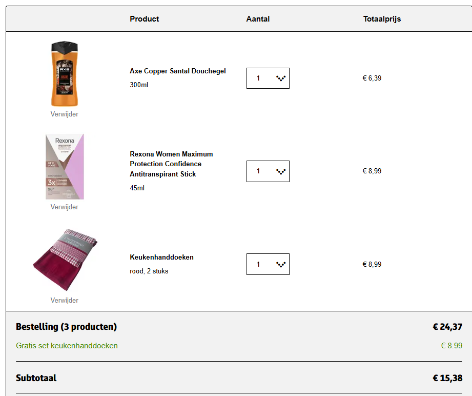 Gratis Rexona deo + Axe douchegel + set keukenhanddoeken 🧼