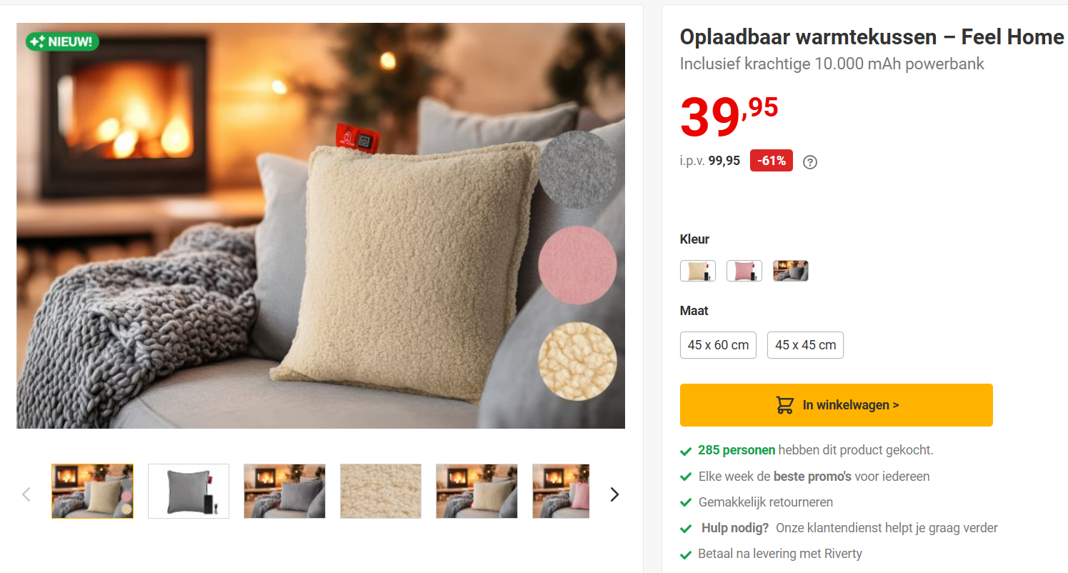 Oplaadbaar warmtekussen €39,95 bij Nieuwsblad
