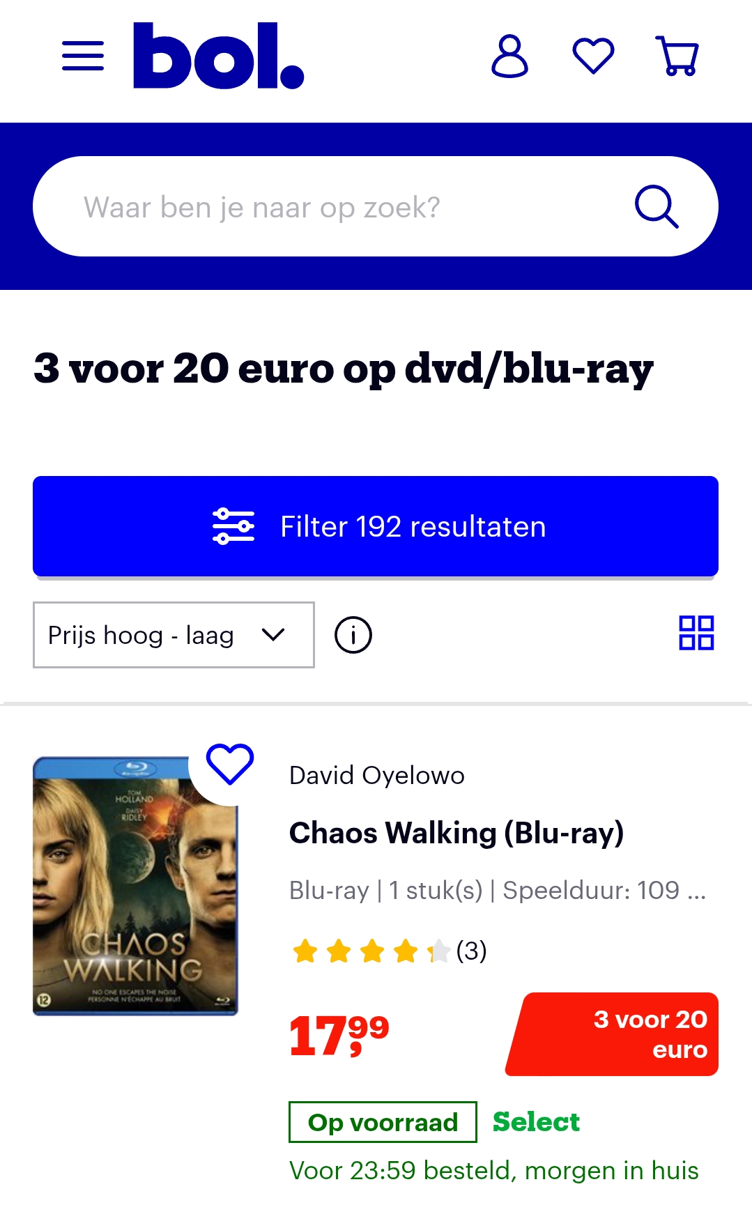 Dvd/Blu- Ray 3 voor 20 op bol