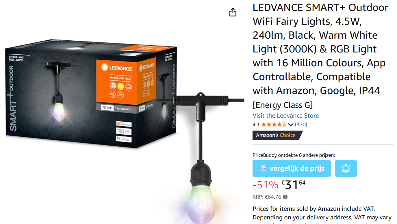 Ledvance smart lichtketting voor buiten met 51% korting op Amazon DE