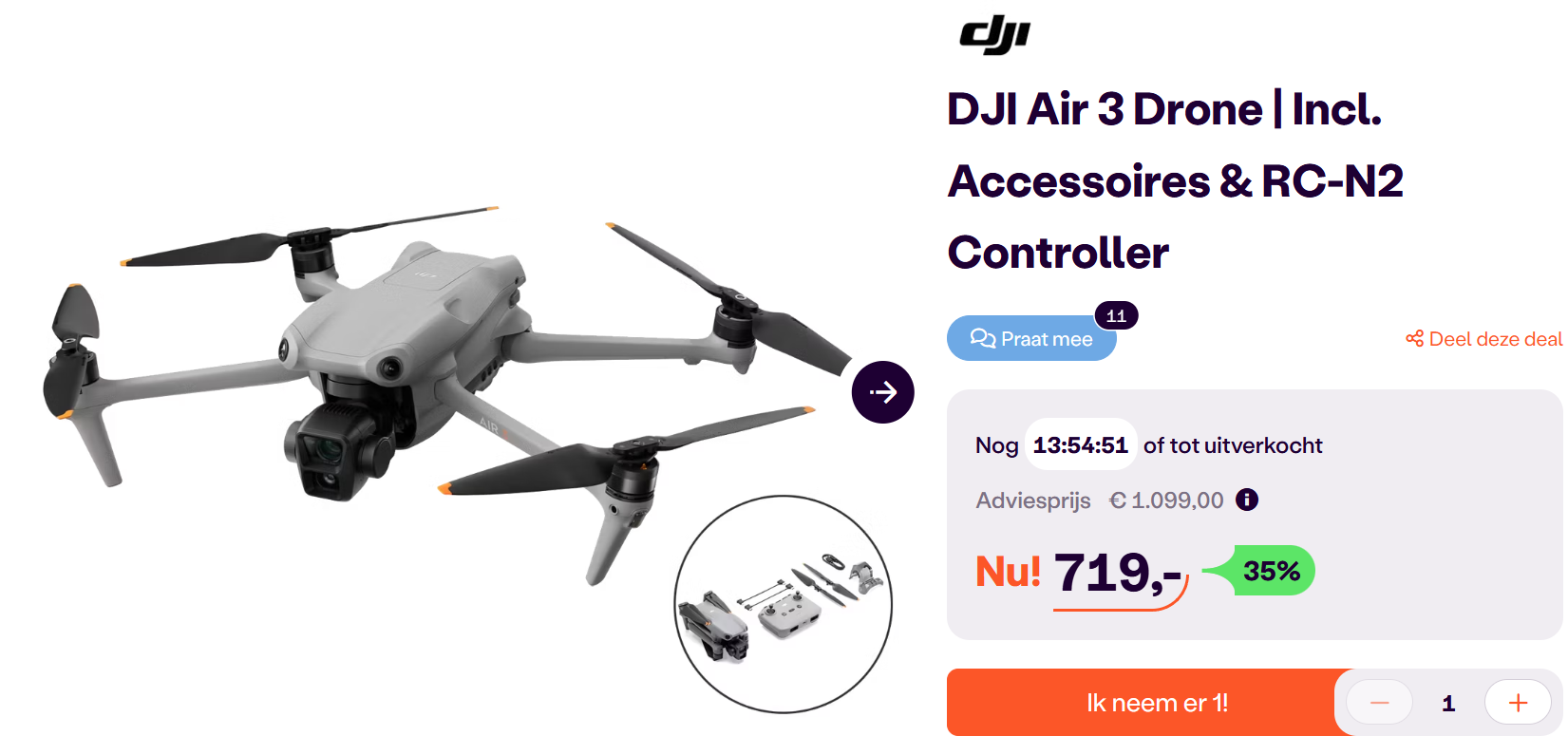 DJI Air 3 Drone voor slechts €719 (35% korting) bij iBood