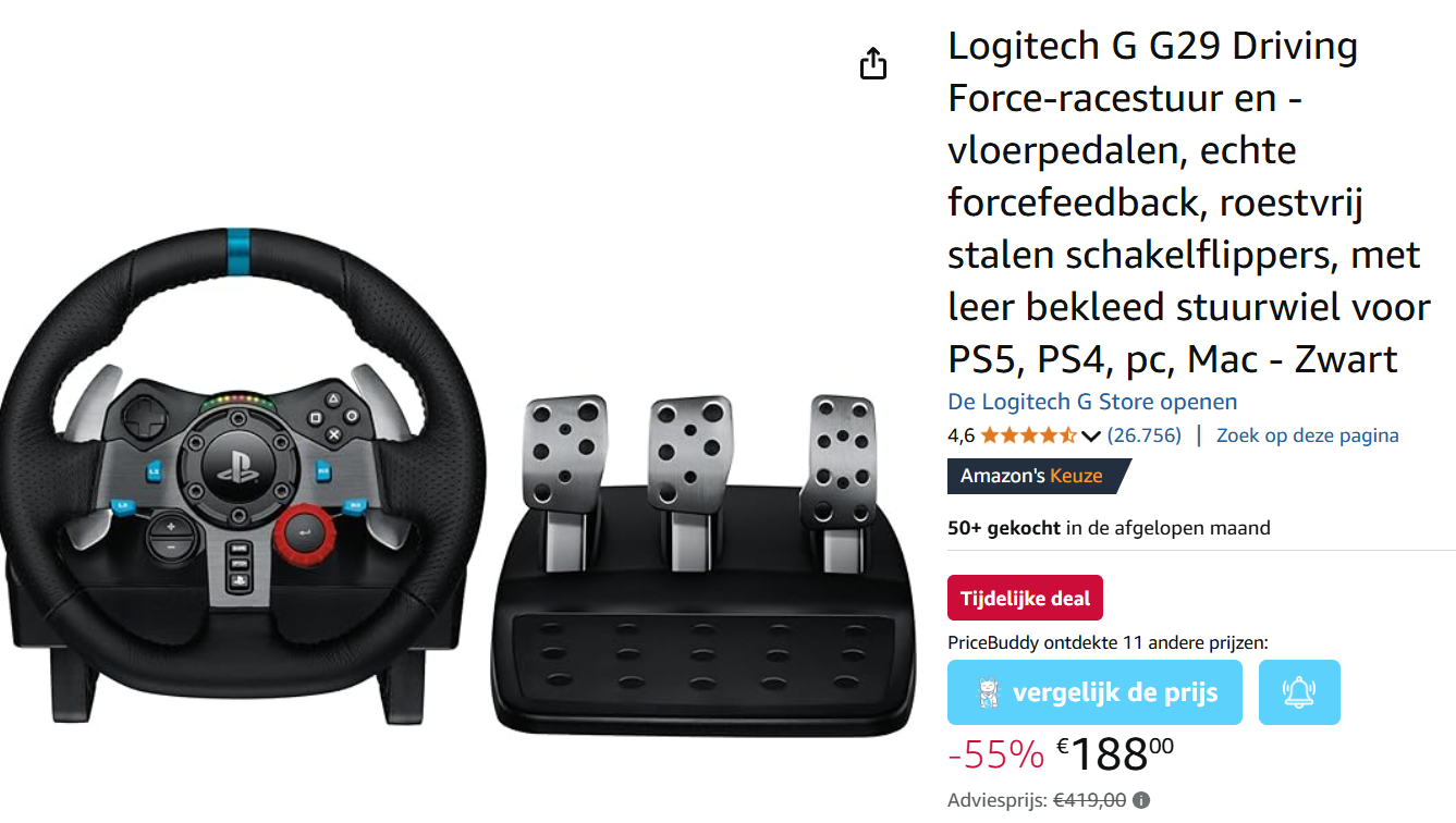 Logitech racingstuur + vloerpedalen met 55% korting bij Amazon NL
