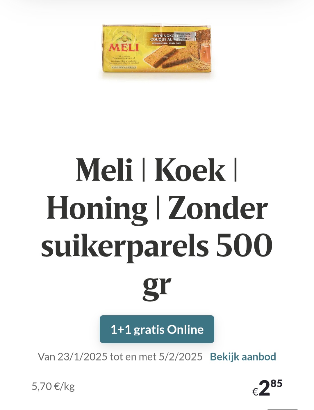 Meli Koek Honing Zonder suikerparels 500 gr 1+1 gratis Online bij Delhaize