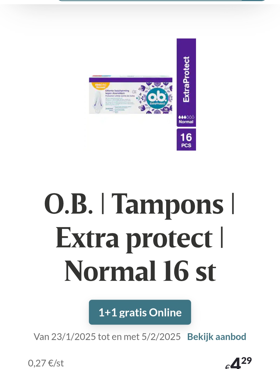 O.B. Tampons Extra protect Normal 16 st 1+1 gratis bij Delhaize