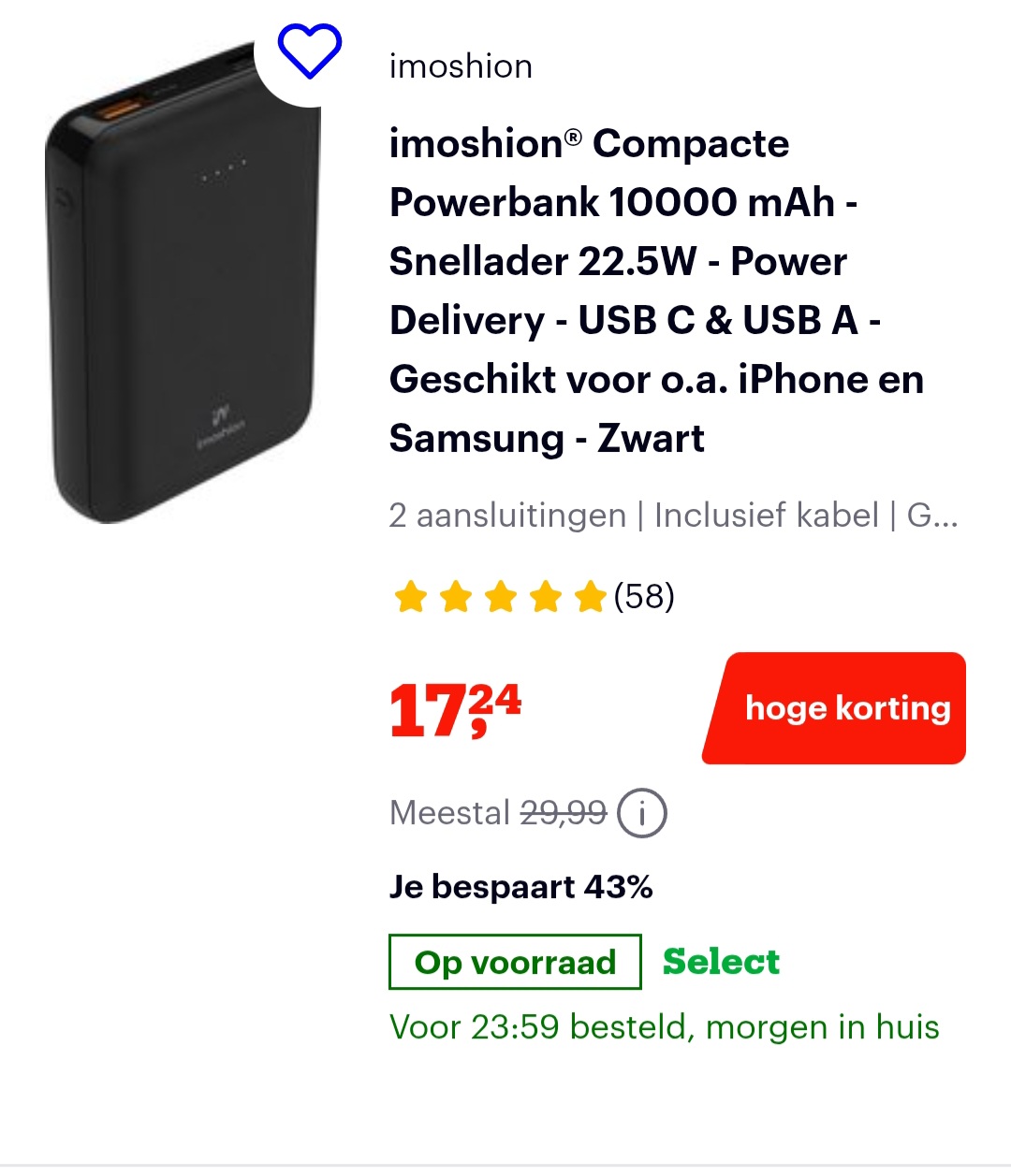 imoshion® Compacte Powerbank 10000 mAh - Snellader 22.5W - Power Delivery - USB C & USB A - Geschikt voor o.a. iPhone en Samsung - Zwart -43% bij bol.com