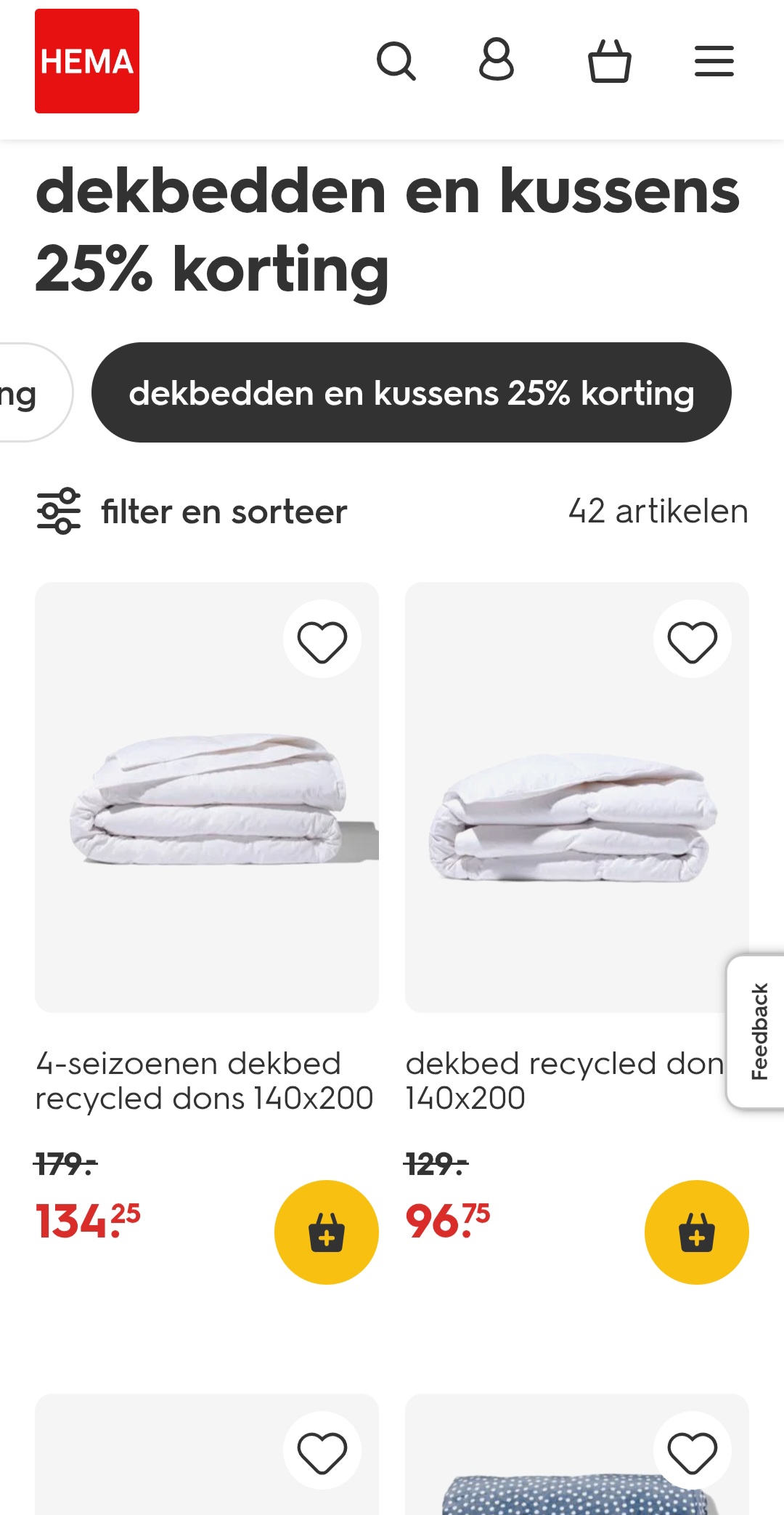 dekbedden en kussens 25% korting bij hema.com