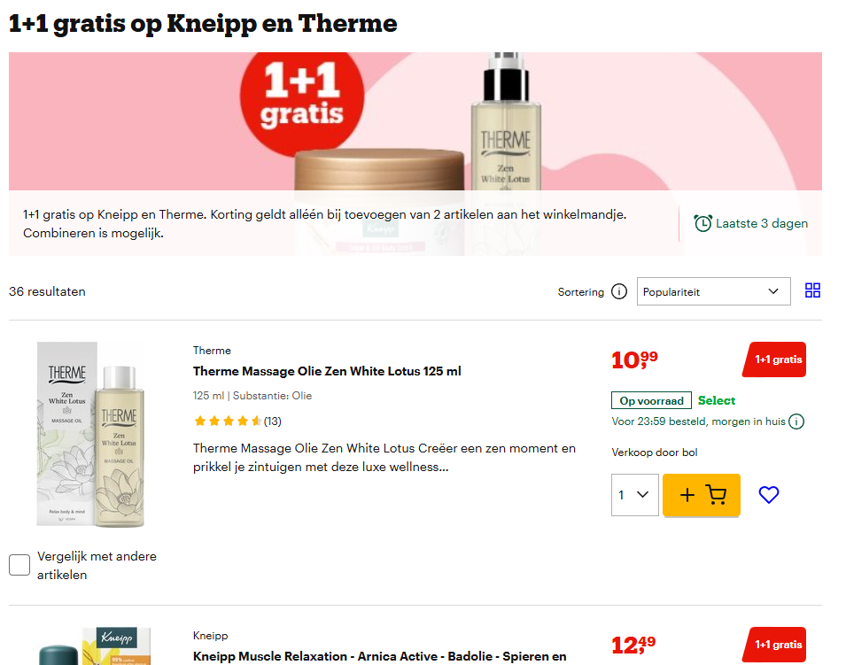 1+1 gratis op Kneipp en Therme bij Bol