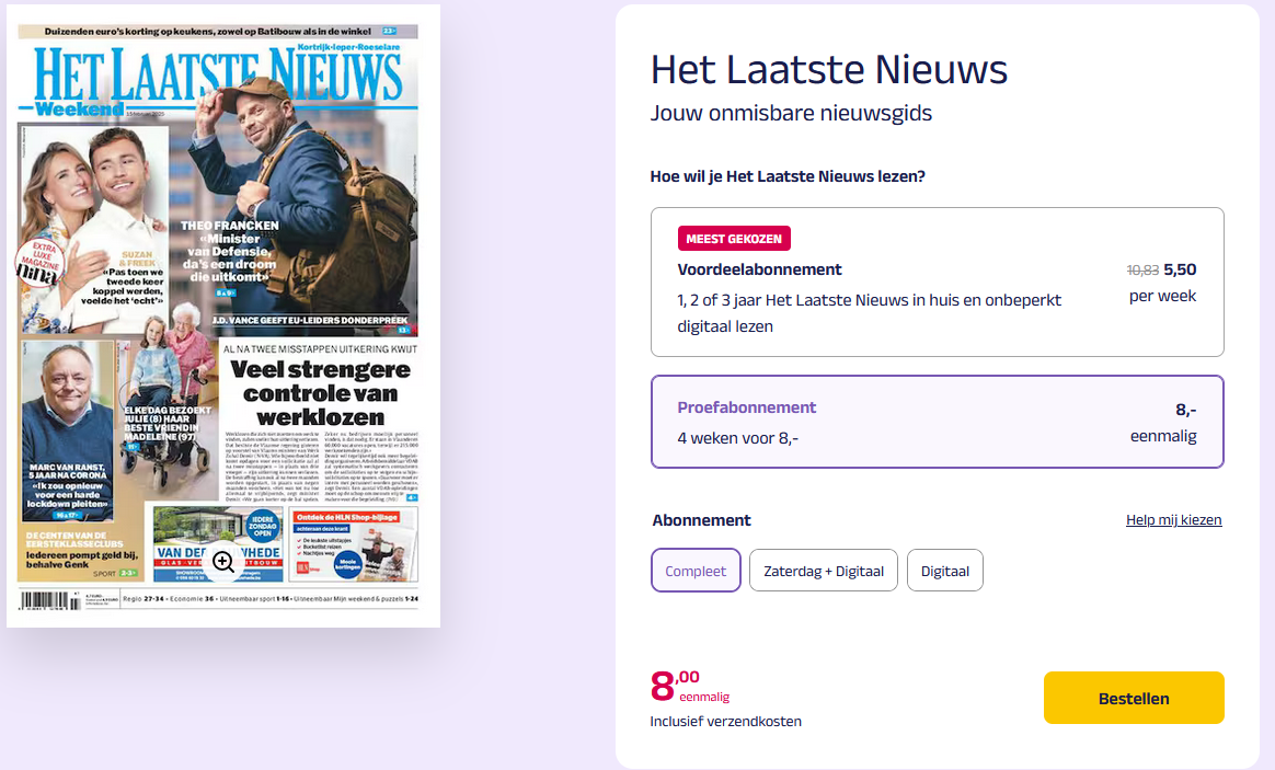 4 weken de krant voor 8 euro
