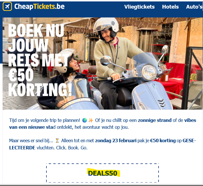 € 50 korting op geselecteerde vluchten bij CheapTickets