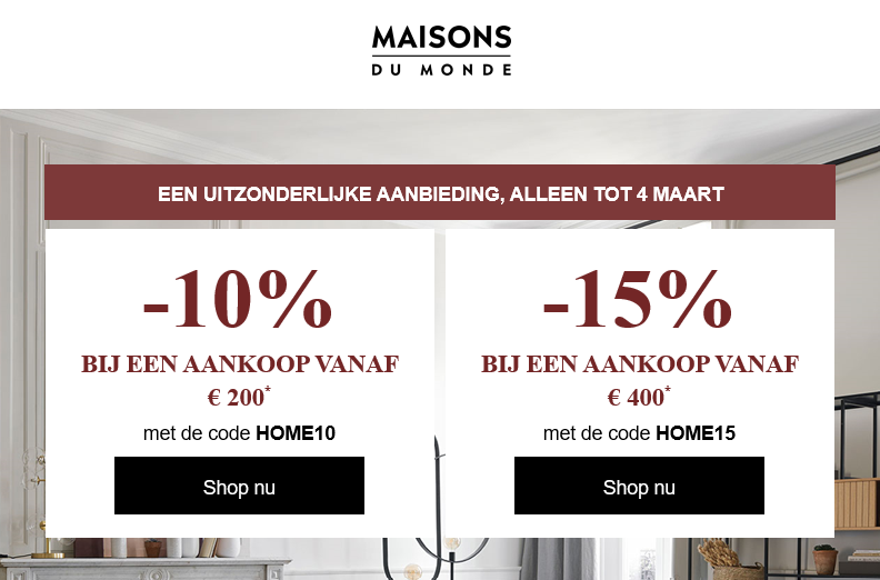 Tot -15% extra korting bij Maisons du Monde