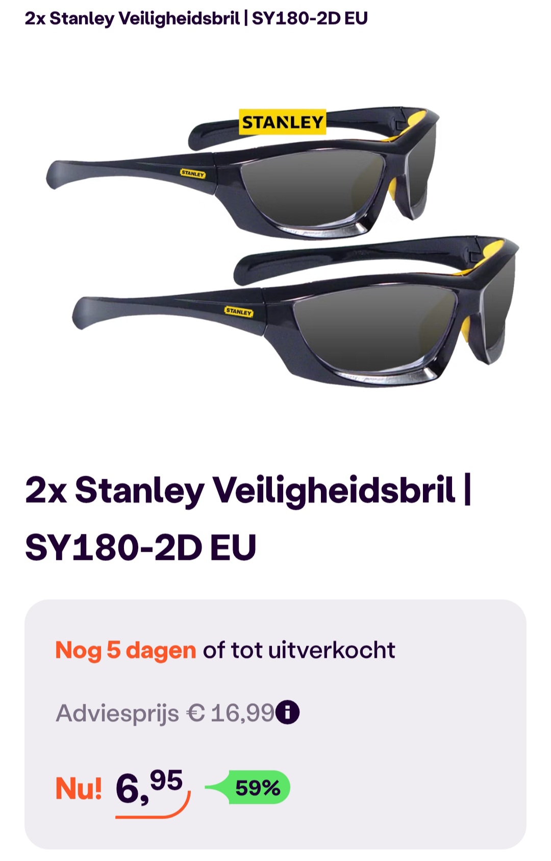 2x Stanley Veiligheidsbril | SY180-2D EU -59% bij ibood.com