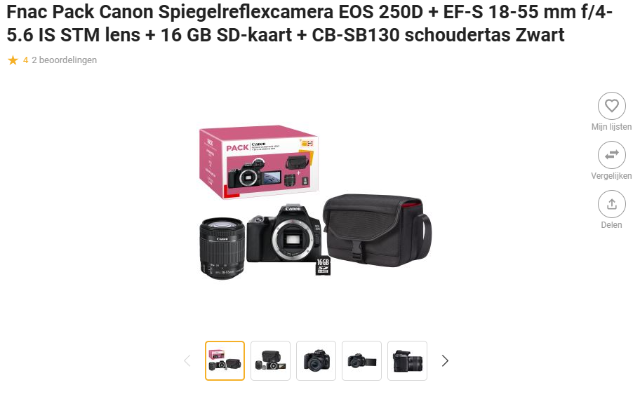 Fnac Pack Canon Spiegelreflexcamera EOS 250D + EF-S 18-55 mm f/4-5.6 IS STM lens + 16 GB SD-kaart + CB-SB130 schoudertas Zwart met 26% korting bij Fnac