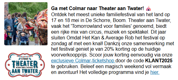 -20% Theater aan Twater - 17 & 18 mei 🎪 De Schorre, Boom