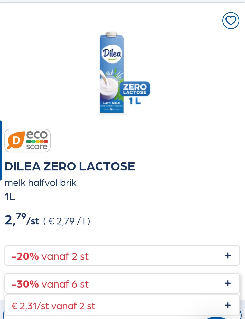 DILEA ZERO LACTOSE melk halfvol brik 1L -30% extra