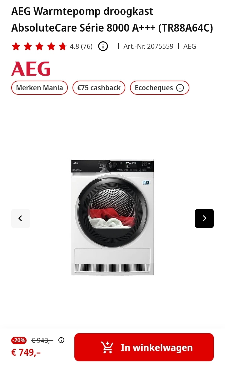 AEG Warmtepomp droogkast TR88A64C