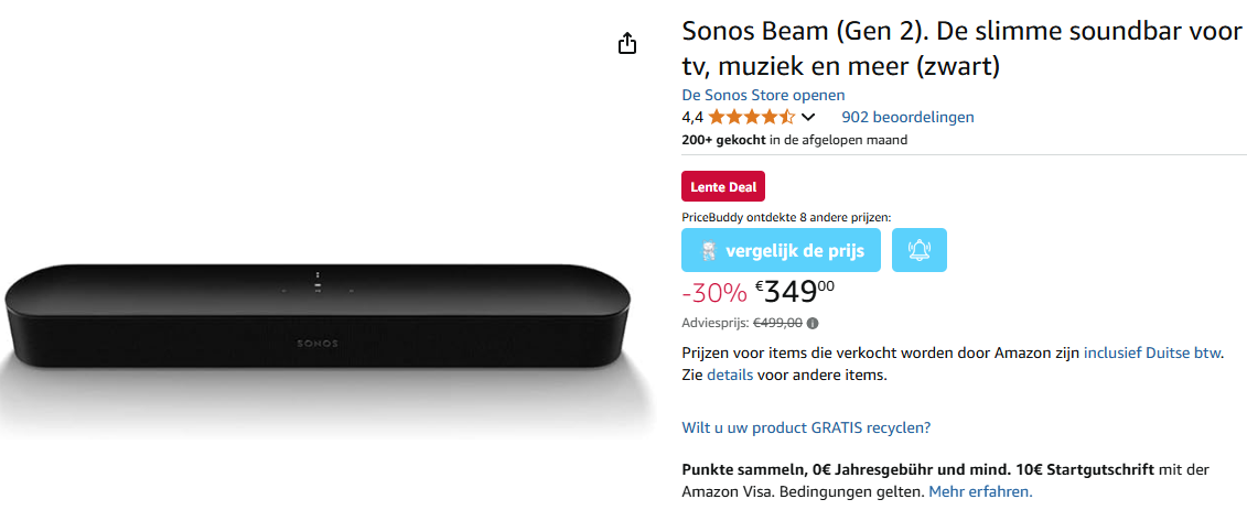 Sonos Beam (Gen 2) met 30% korting bij Amazon DE
