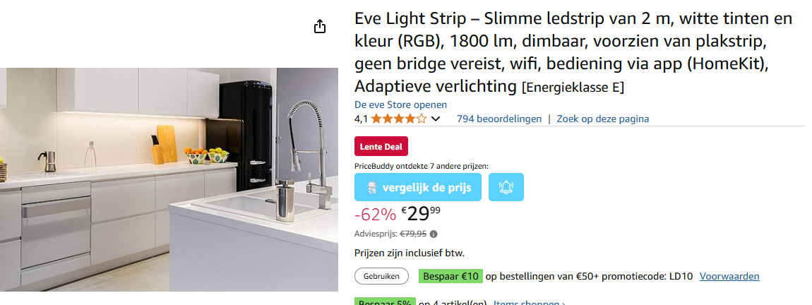EVE slimme ledstrip van 2m voor €29,99 ipv €79,95 op Amazon NL