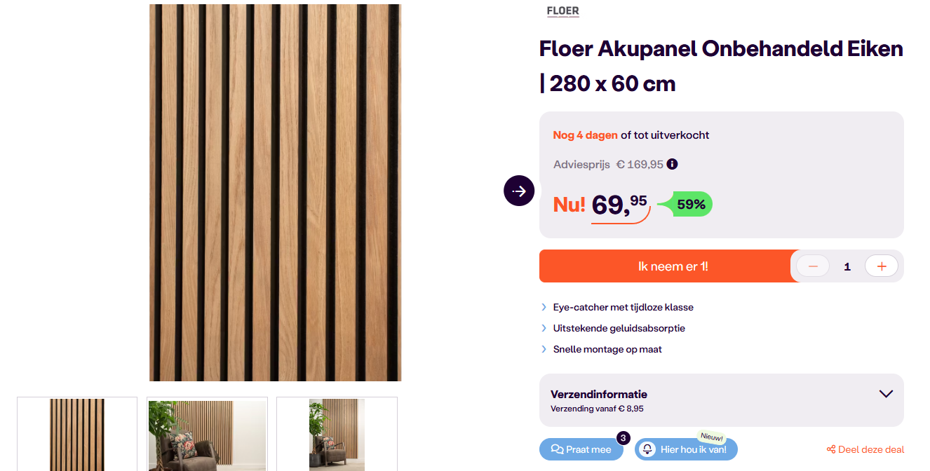 Floer Akupanel Onbehandeld Eiken met 59% korting (€69.95 per paneel) bij iBood