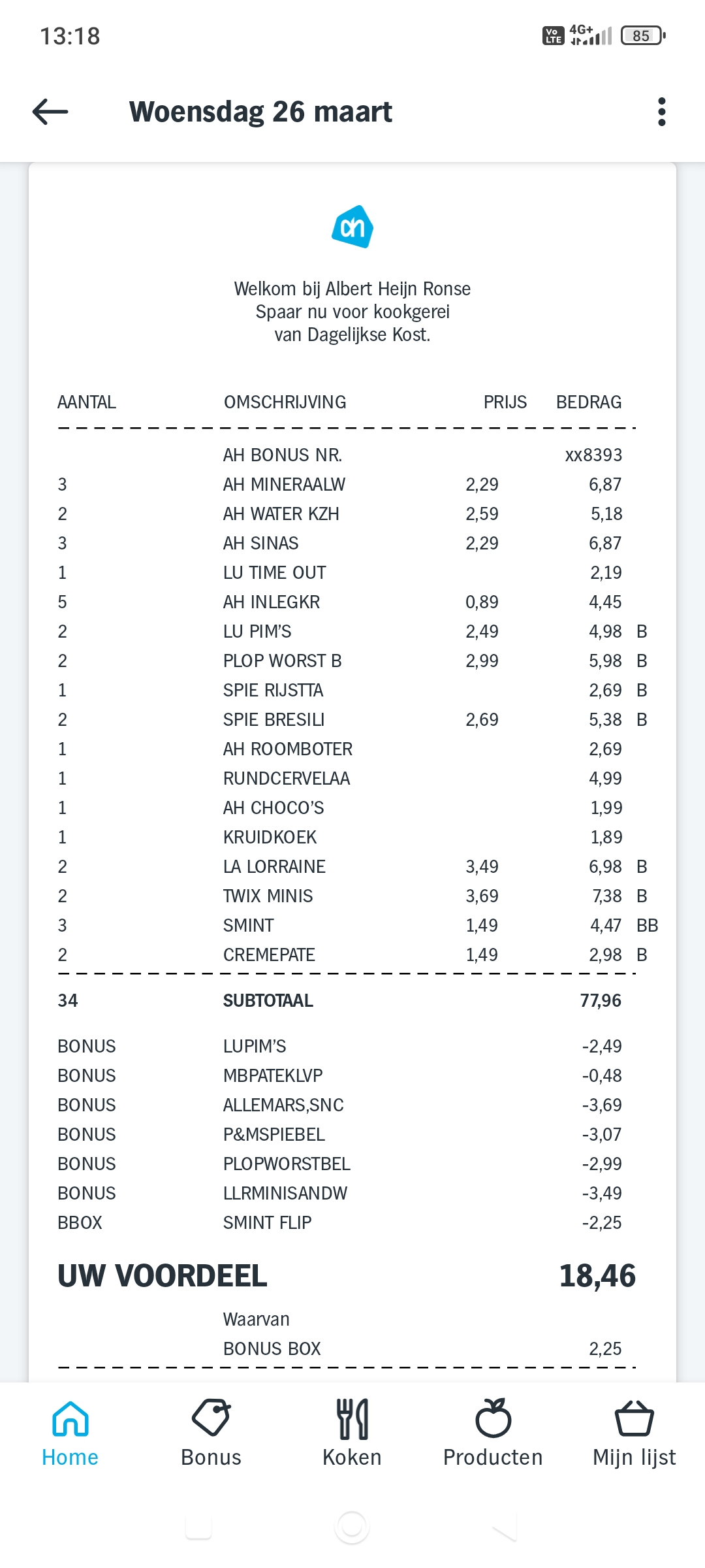 Aankoop ah; €18,46 korting