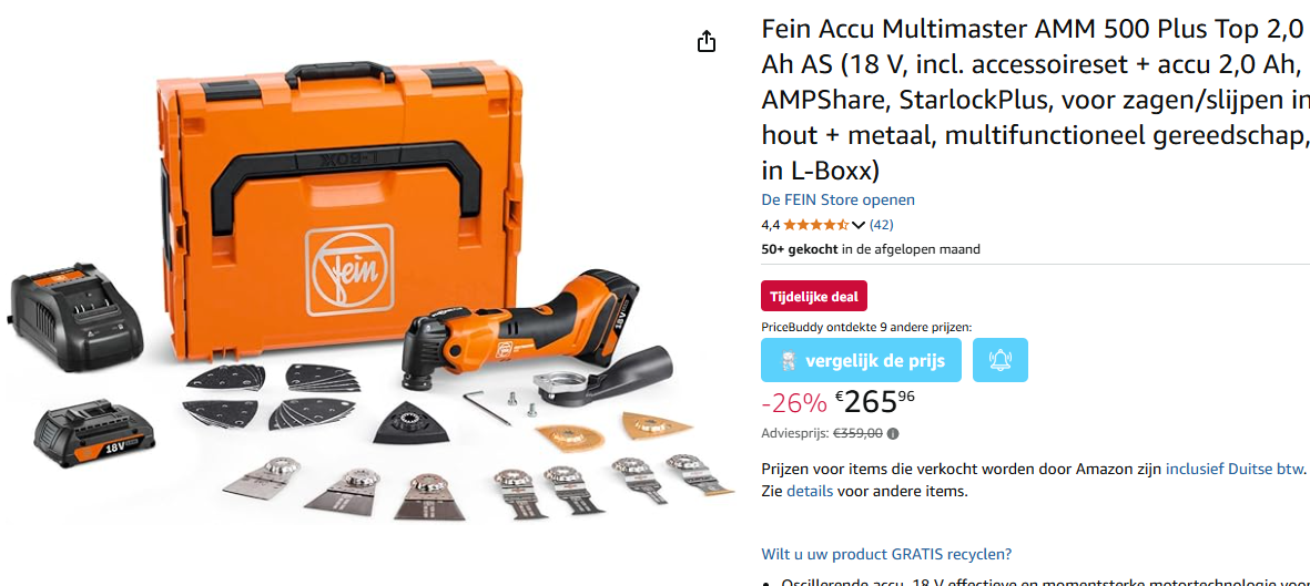 Mooie prijs voor deze Fein Accu Multimaster: €265,96 ipv €359 op Amazon DE