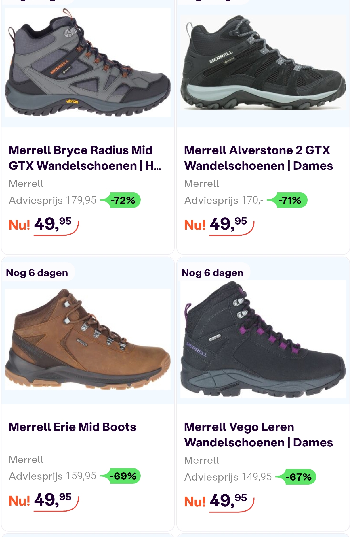 Merrell wandelschoenen vanaf 49,95€!