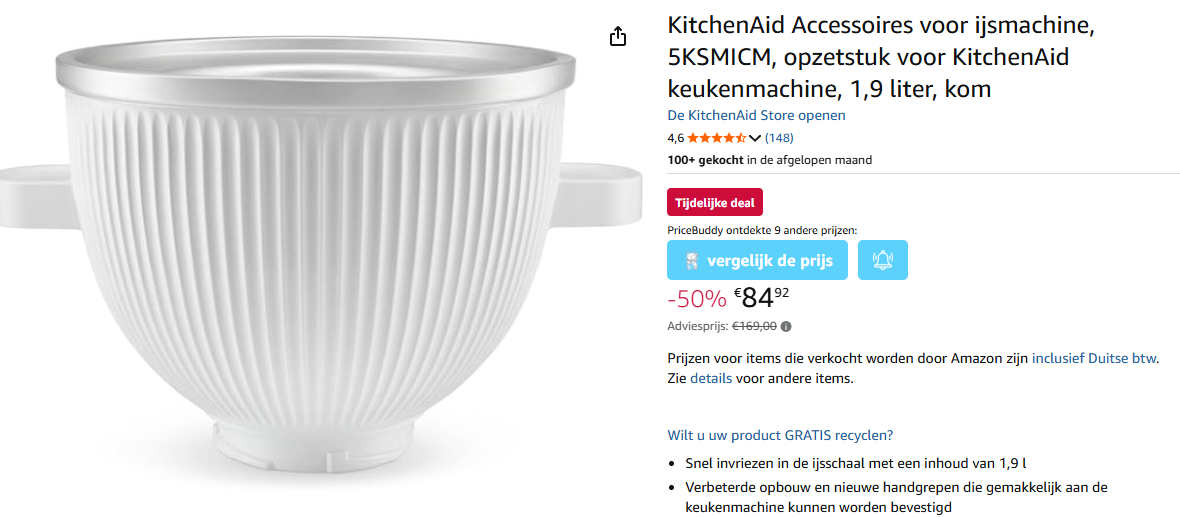KitchenAid Roomijsmaker voor €84,92 ipv €169 bij Amazon DE