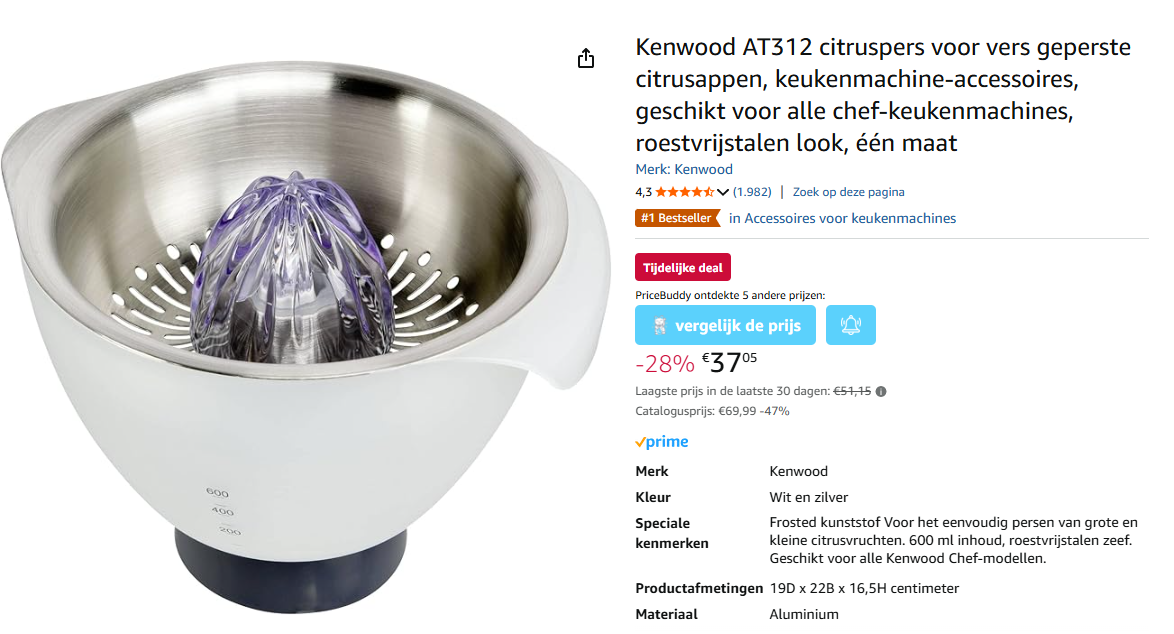 Kenwood AT312 citruspers voor Chef keukenmachines