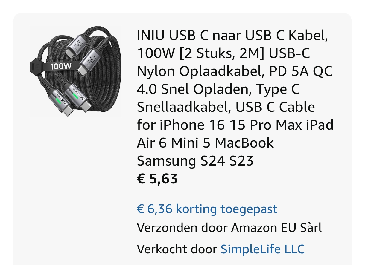 2 USB c kabels voor 5,63€ bij amazon NL