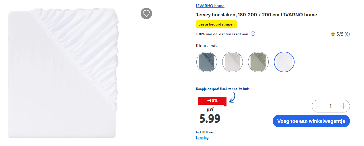 Hoeslaken voor €5,99 bij Lidl (- 40% korting)