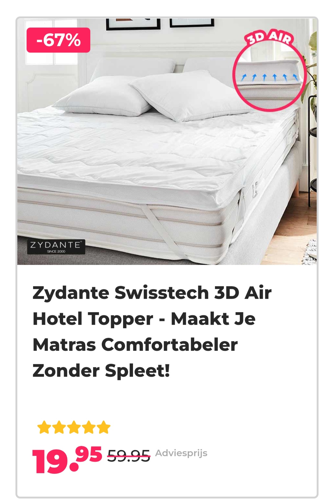 Zydante swisstech 3D air hotel topper -67% bij voordeelvanger.nl