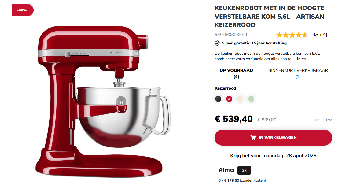 KitchenAid: 40% KORTING OP DE 5KSM60SPX ARTISAN KEUKENROBOT