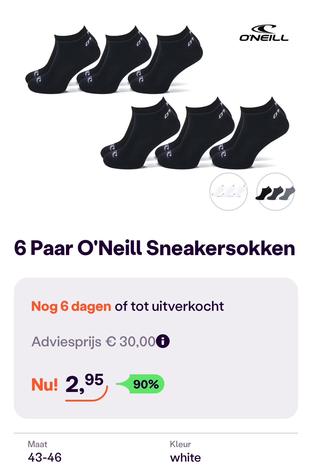 6 Paar O'Neill Sneakersokken maar 43- 46 white -90%