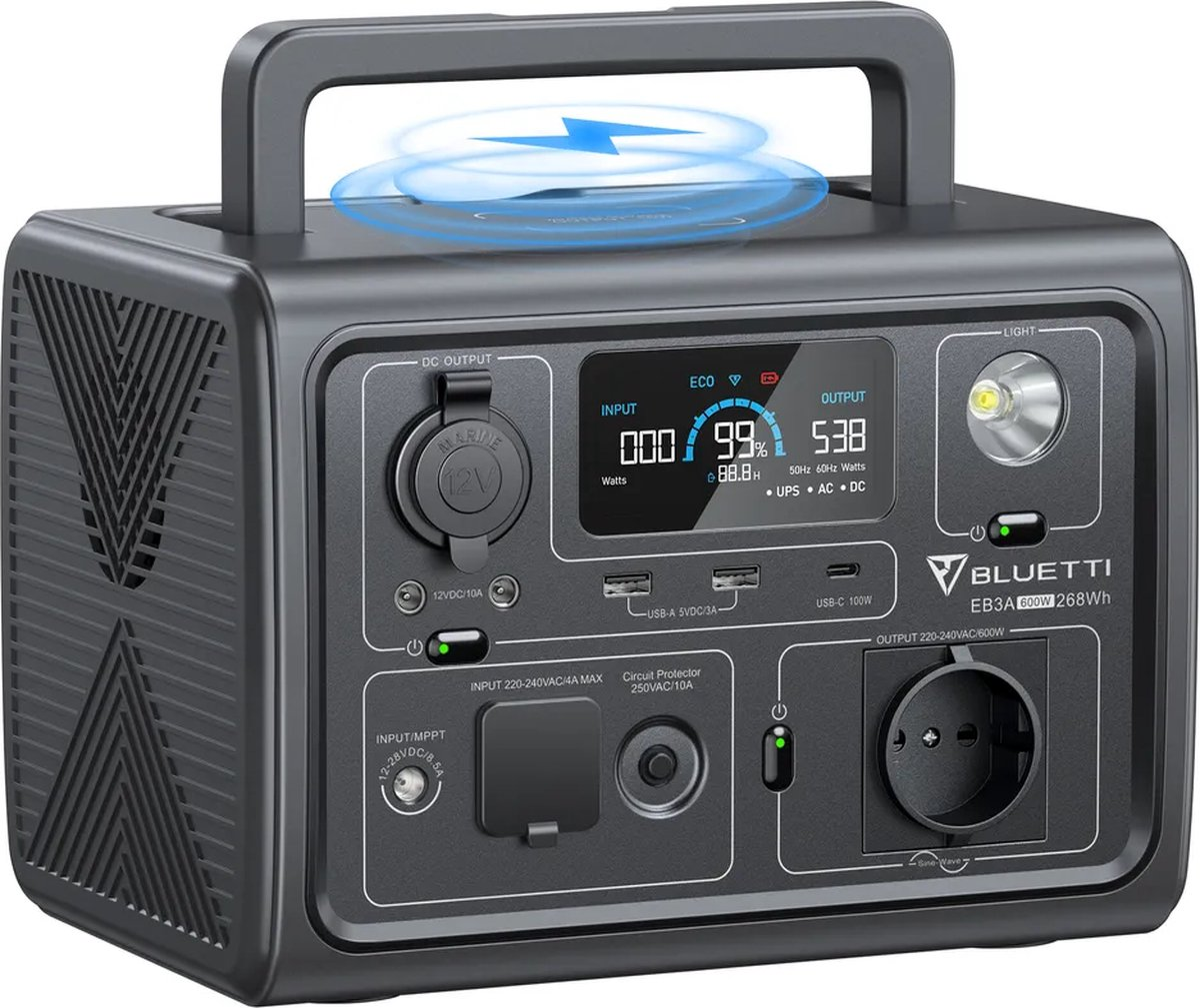 BLUETTI Powerstation EB3A- Draagbare Powerstation-Powerbank 600W-268Wh- LiFePO4 batterij-Stroomgenerator-grijs-EU