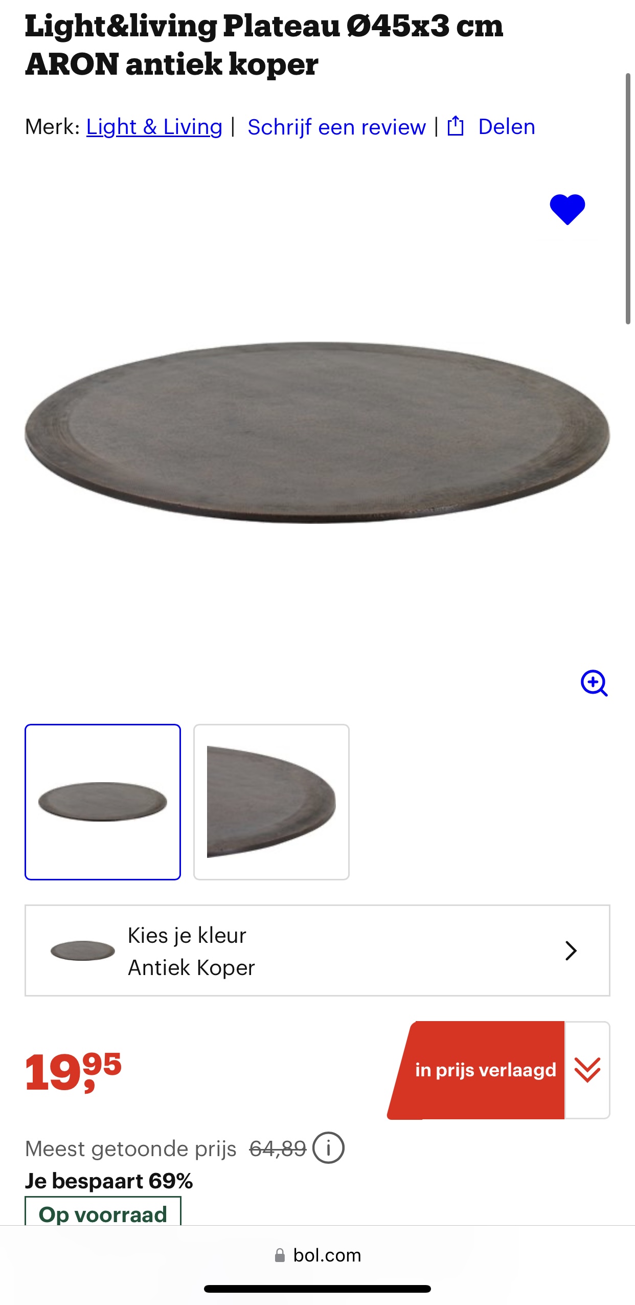 Light & living Plateau antiek koper