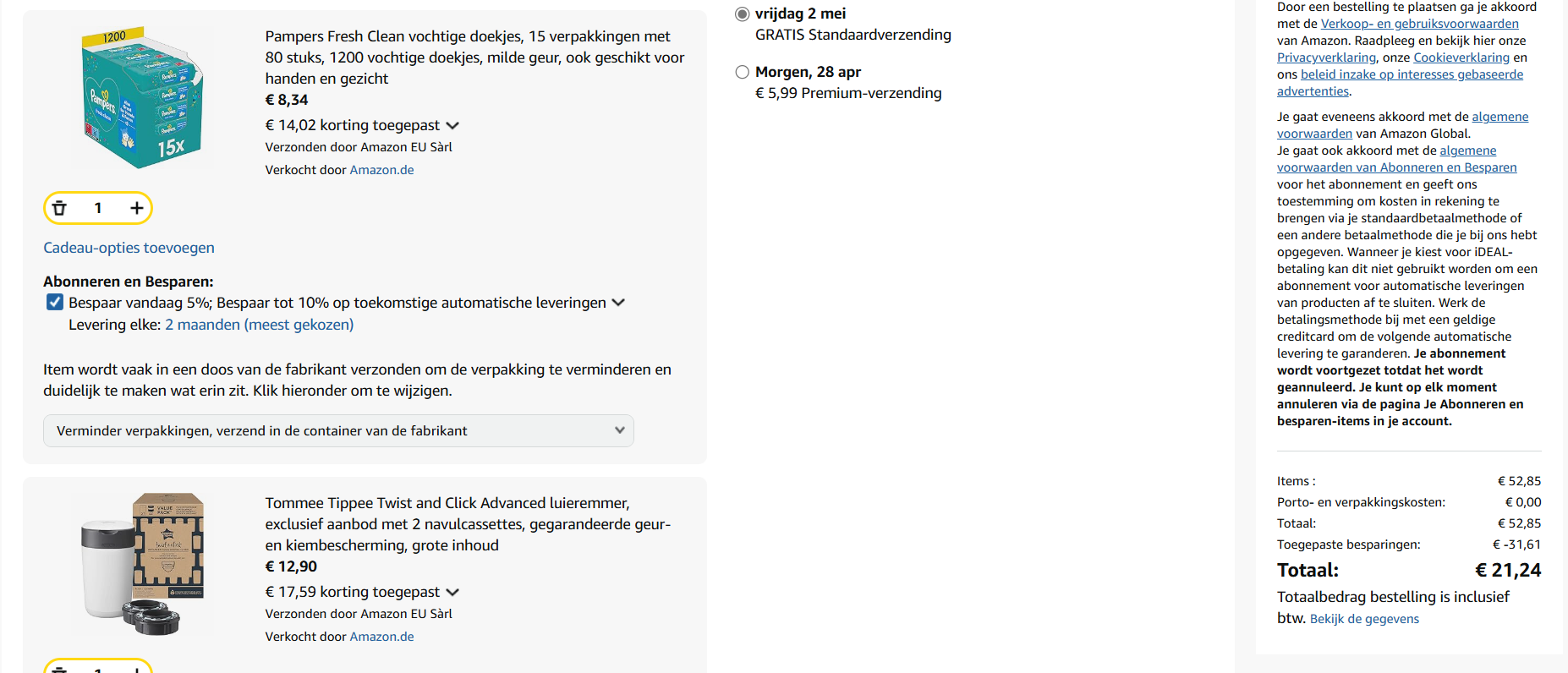 Pamperdoekjes en luieremmer op amazon.de