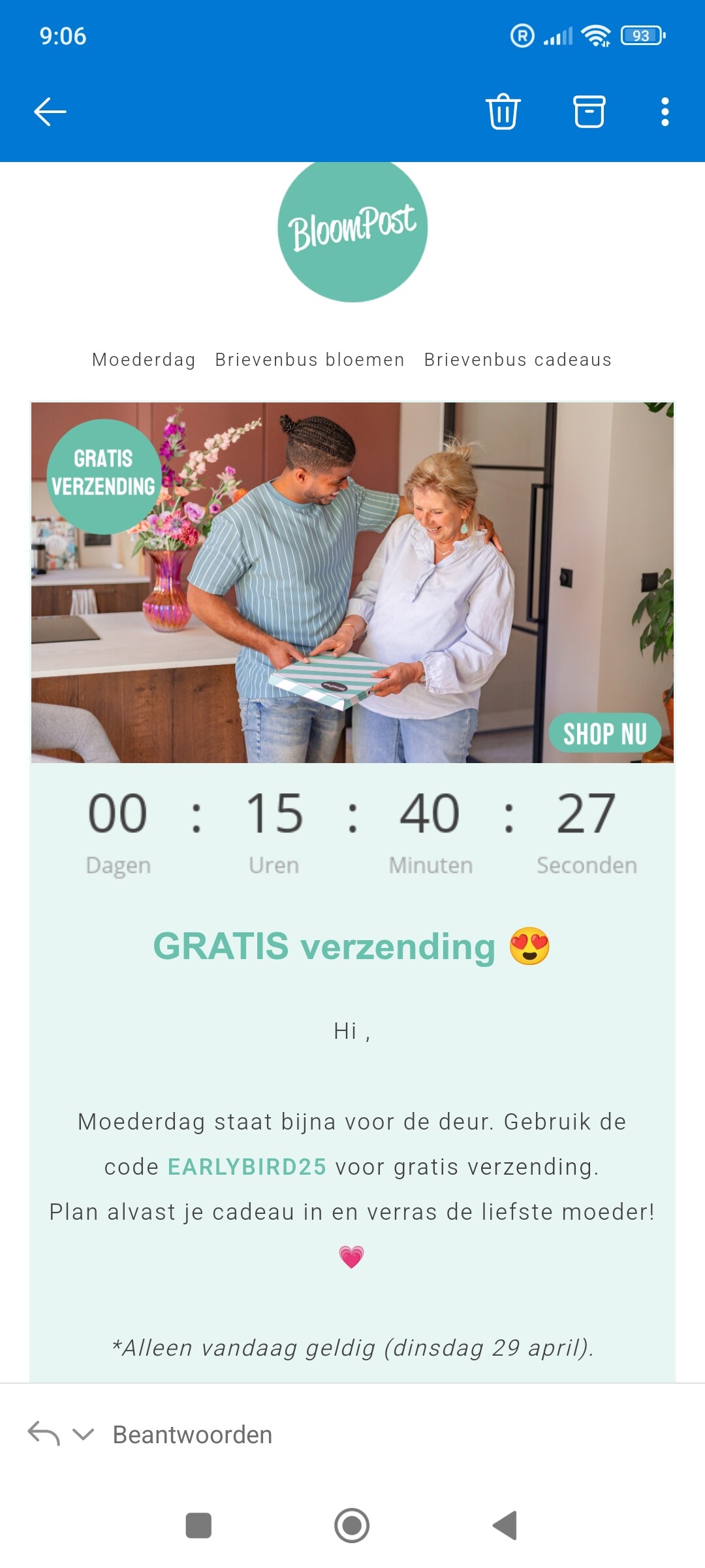 Gratis verzending bij bloompost