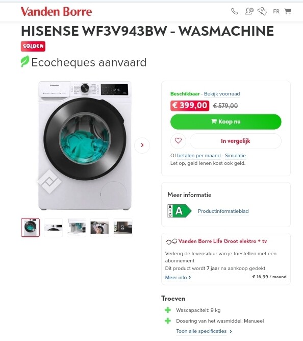 HISENSE WF3V943BW wasmachine 9kg