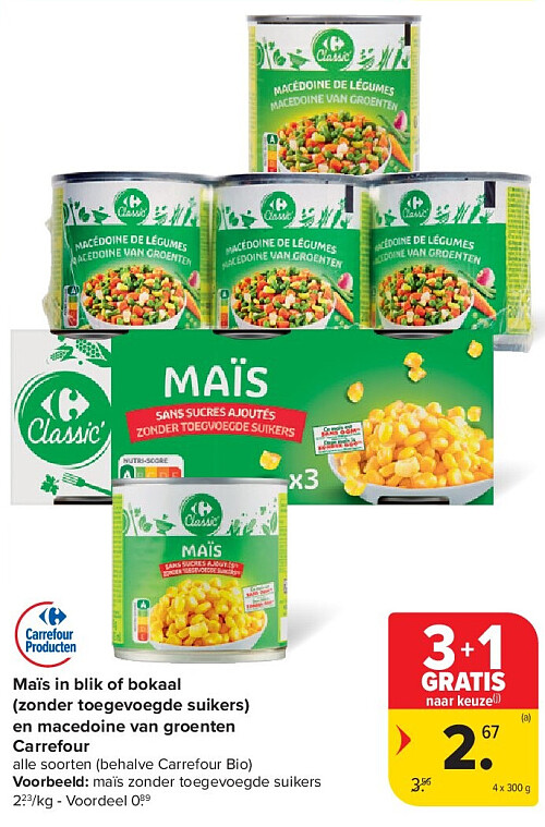 Maïs in blik of bokaal (zonder toegevoegde suikers) en macedoine van groenten Carrefour