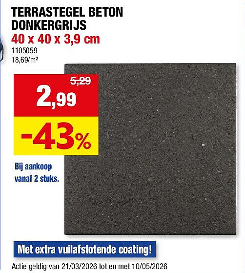TERRASTEGEL BETON DONKERGRIJS 40 x 40 x 3,9 cm