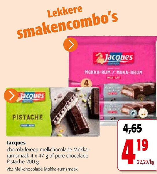 Jacques chocoladereep melkchocolade Mokkarumsmaak 4 x 47 g of pure chocolade Pistache 200 g