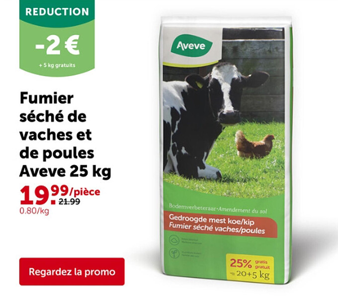 Fumier séché de vaches et de poules Aveve 25 kg